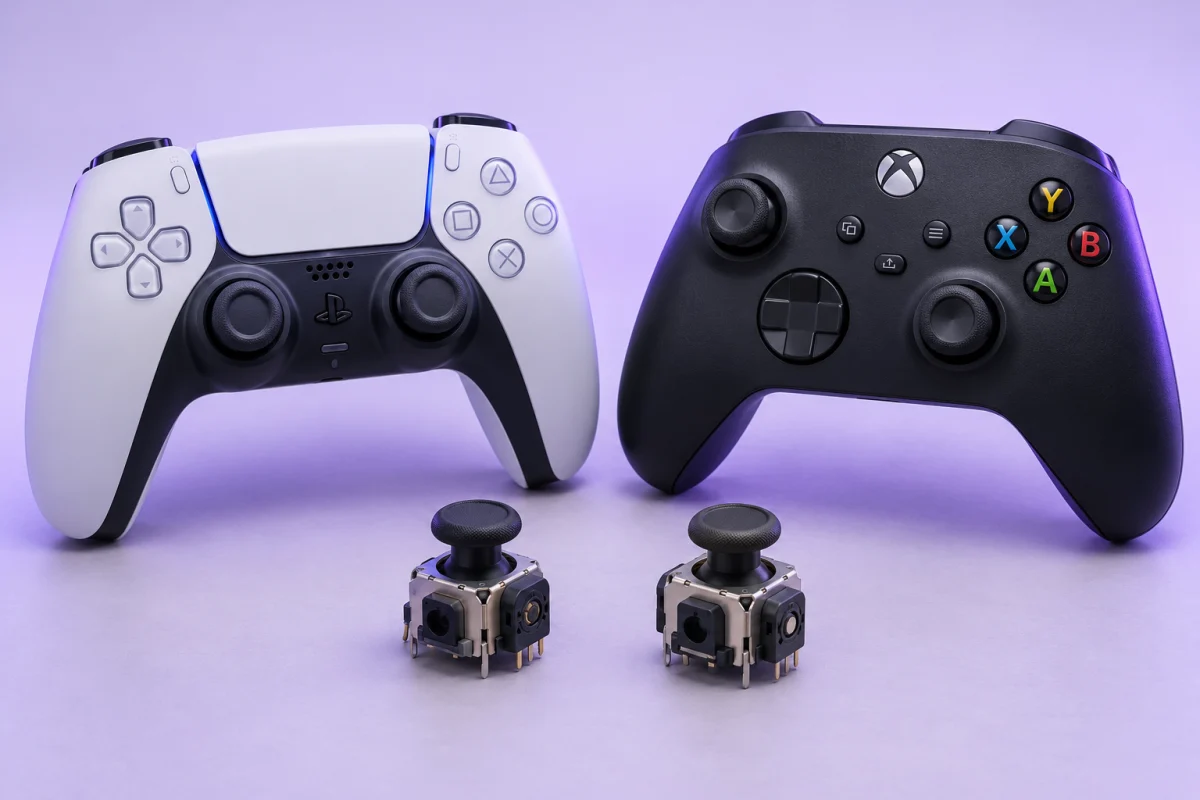 Контроллеры DualSense и Xbox и сменные механизмы аналоговых стиков — иллюстрация